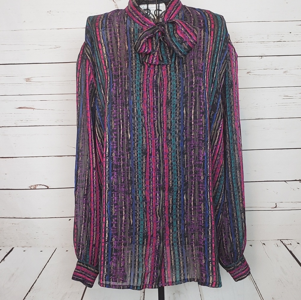 Vintage La Chine Plus by Galinda Wang Striped Tie Neck Top
